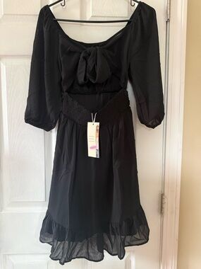 OndadeMar Black Midi Dress with Tie-Front and Smocked Waist